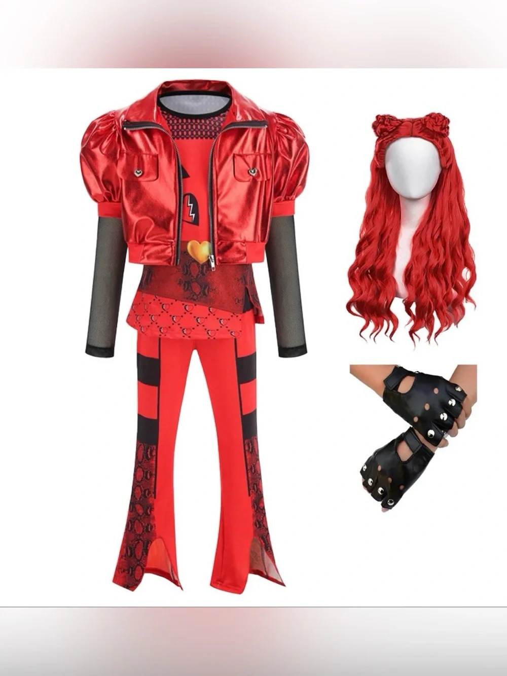 Yuiui Girl Red Costume Jacket Shirt Flared Pant Wig Gloves 5pcs Outfit 7-8 Years